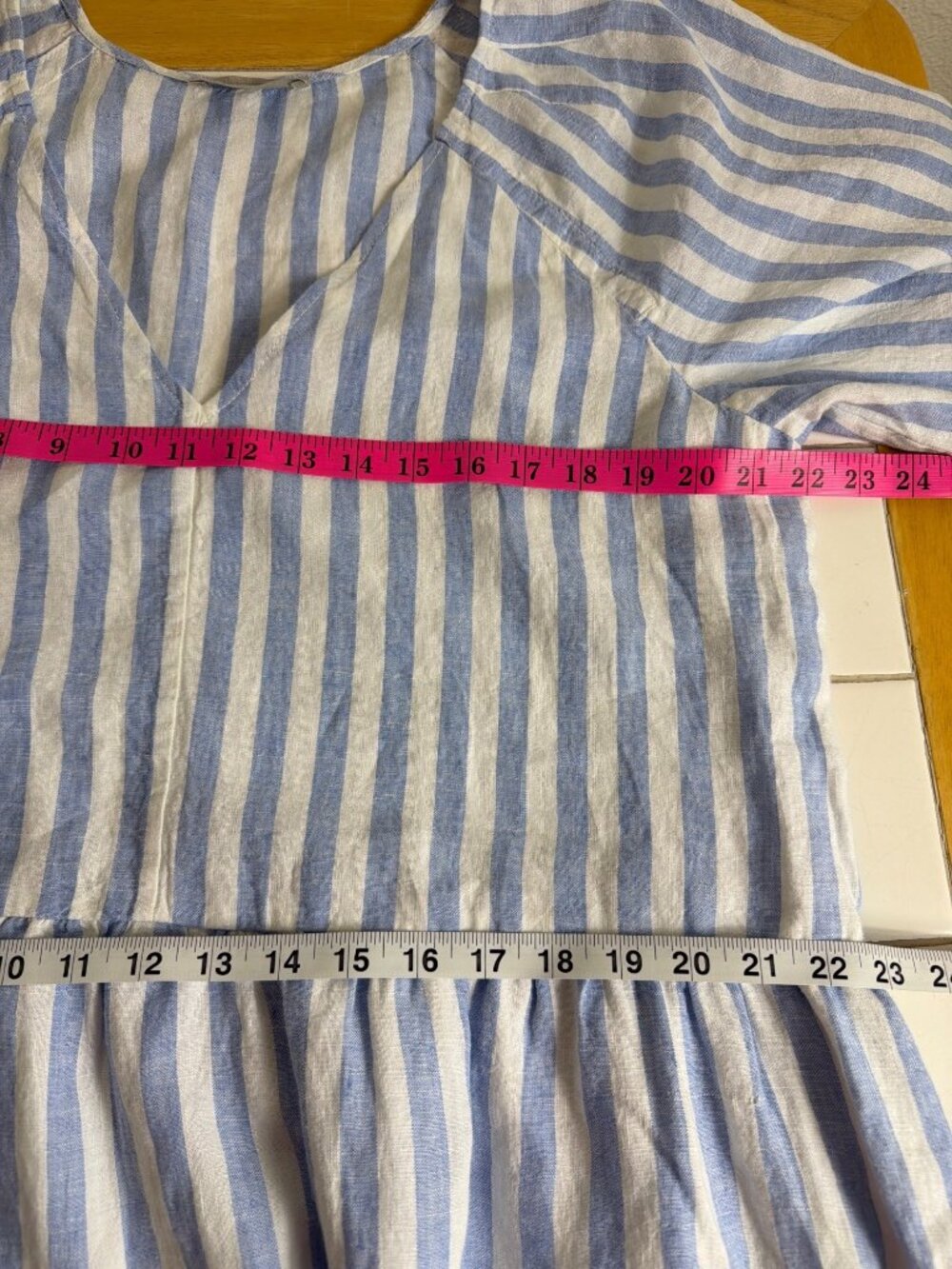 Everlane Linen Midi Dress Blue White Stripe Puff Sleeve Pockets L NWOT - Picture 14 of 16